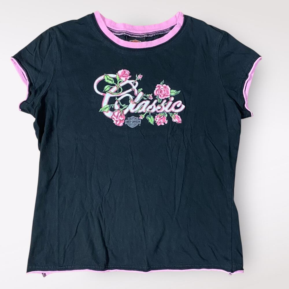 Harley Davidson Classic Floral Tee Womens Size M Black‎ Pink Biker